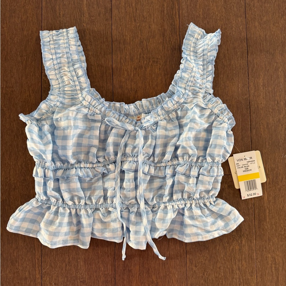 Blue Gingham Ruffle Crop Top